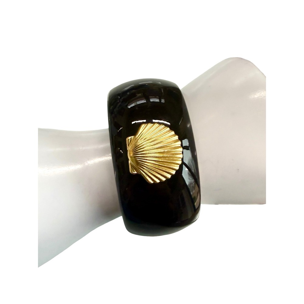 Lisi Lerch Black Enamel Wide Hinged Cuff Bracelet Gold Tone Shell‎
